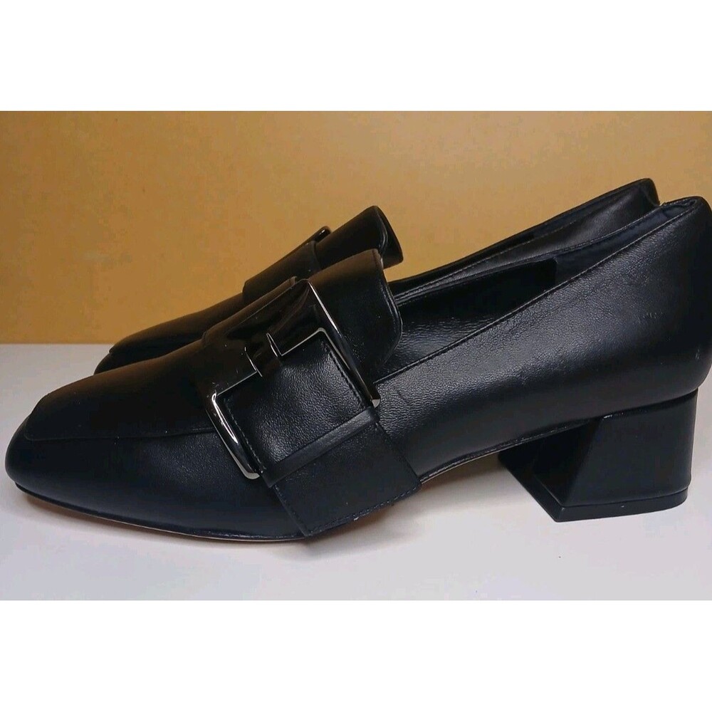 Deltan Sz 7 Veronica Black Leather Metal Buckle Flared Block Heel Pumps - Picture 8 of 16